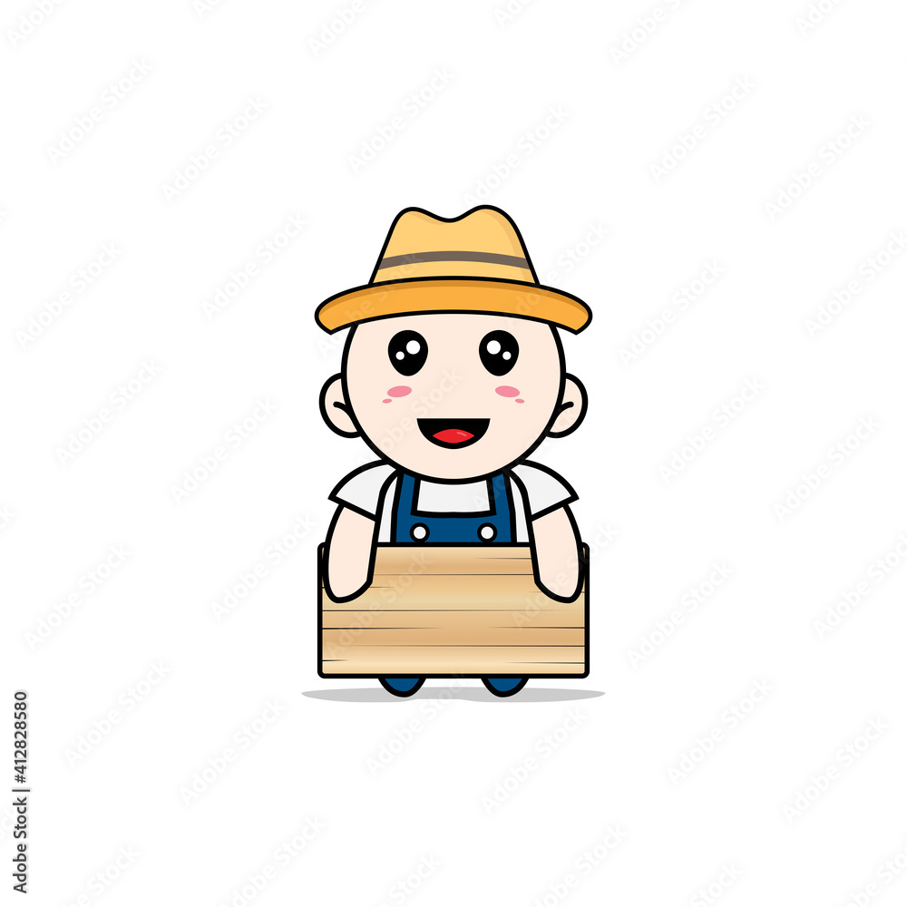 Cute mechanic character holding a wooden board.