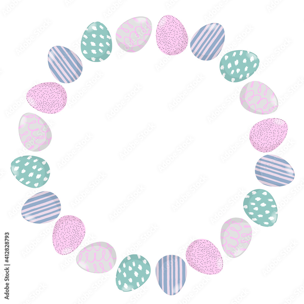 Round Easter Eggs Frame, border with white background. Pastel color Hand drawn wreath with place for date, photo, text. Print for clothing, family holiday decor, greeting cards, banners, invitation.