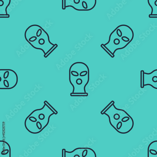 Black line Balaclava icon isolated seamless pattern on green background. A piece of clothing for winter sports or a mask for a criminal or a thief. Vector.