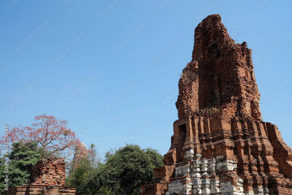 Ancient Wat Mahathat Temple where is Famous Historical Landmark in Ayutthaya Province, Thailand.