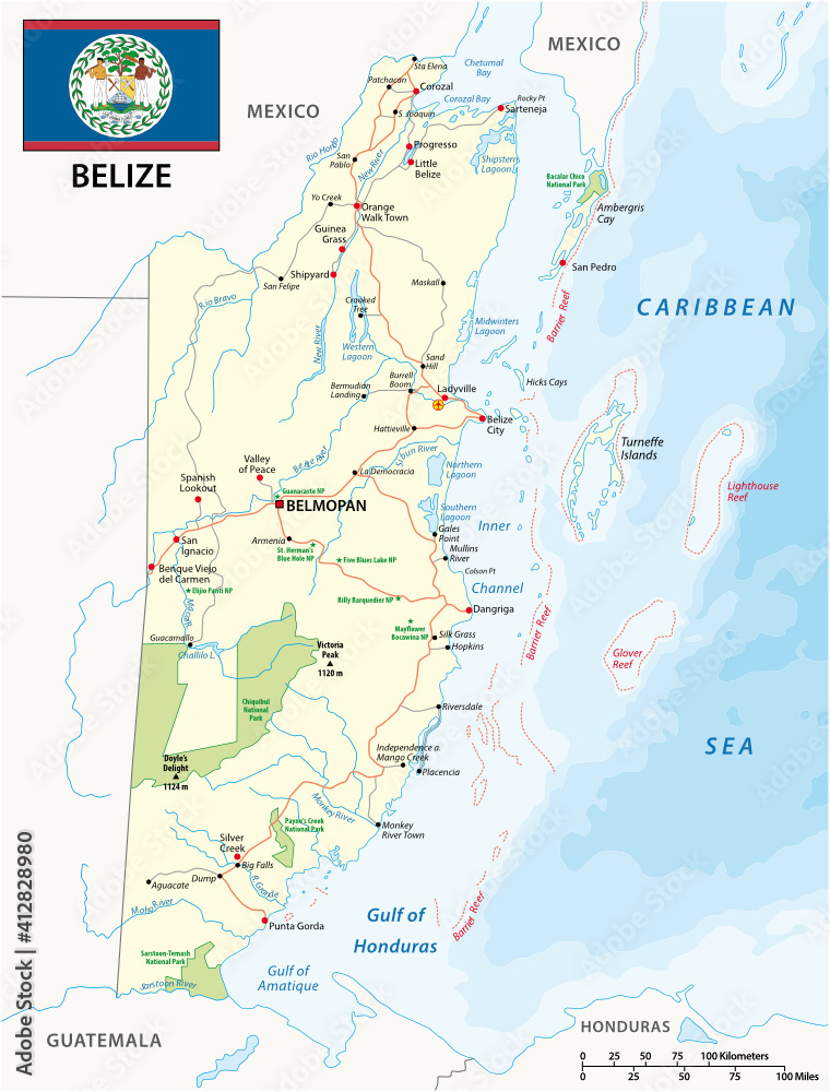 Road and national park map of the central american state belize