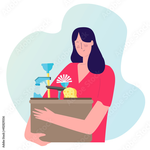 women hold box containing cleaning tools with cartoon flat style