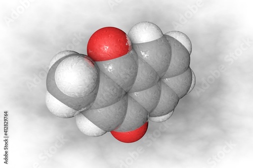 Molecular model of menadione or vitamin K3. Atoms are represented as spheres with conventional color coding: carbon (grey), oxygen (red), hydrogen (white). Scientific background. 3d illustration photo