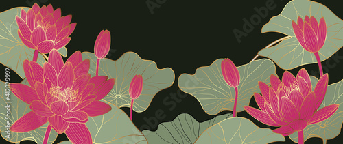 Luxury lotus background vector. Golden lotus line arts design for wall arts, fabric, prints and background texture, Vector illustration.