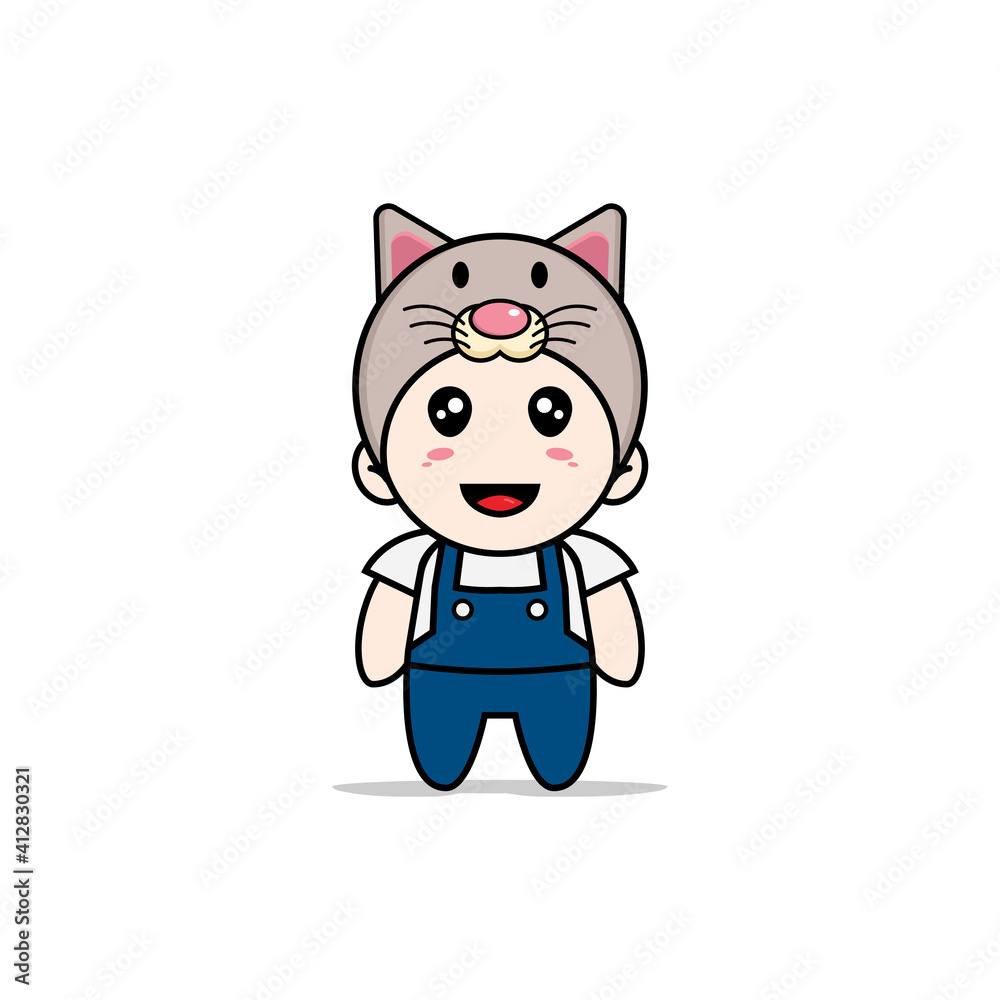 Cute mechanic character wearing cat costume. Cute mechanic character wearing cat costume.