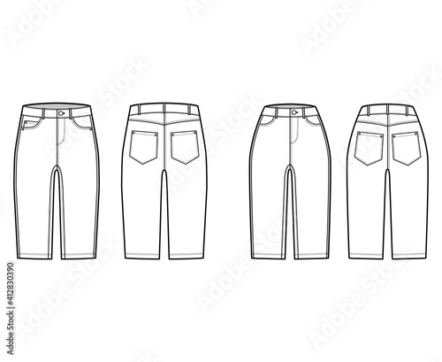 Set of Denim short pants technical fashion illustration with knee length, normal waist, high rise, curved, coin, angled 5 pockets. Flat breeches bottom front, back, white color. Women, men CAD mockup