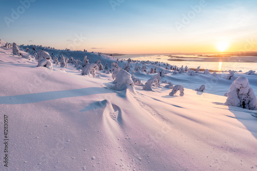 Snow sculptures of the Arctic. Snow-covered trees on the mountain slopes.