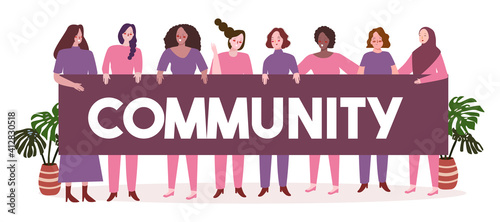 women day concept woman s diverse ethnic wearing purple and pink clothes hold community banner with flat cartoon style