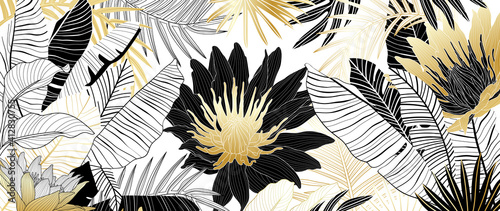 Luxury golden lotus background vector. Floral pattern with golden tropical flowers, split-leaf Philodendron plant ,monstera plant, Jungle plants line art on white background. 