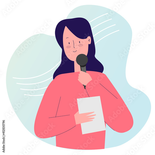 girl master ceremonial hold mic and paper with cartoon flat style