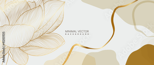 luxury gold floral background vector. lotus Flower line arts minimal wallpaper design for prints and cover.