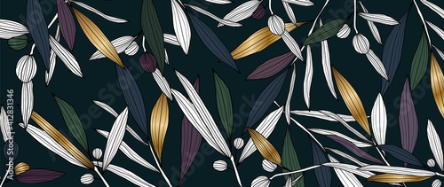 luxury gold Olive leaf background vector. Green and golden filter line arts design pattern for wallpaper, prints, canvas prints and home decoration.