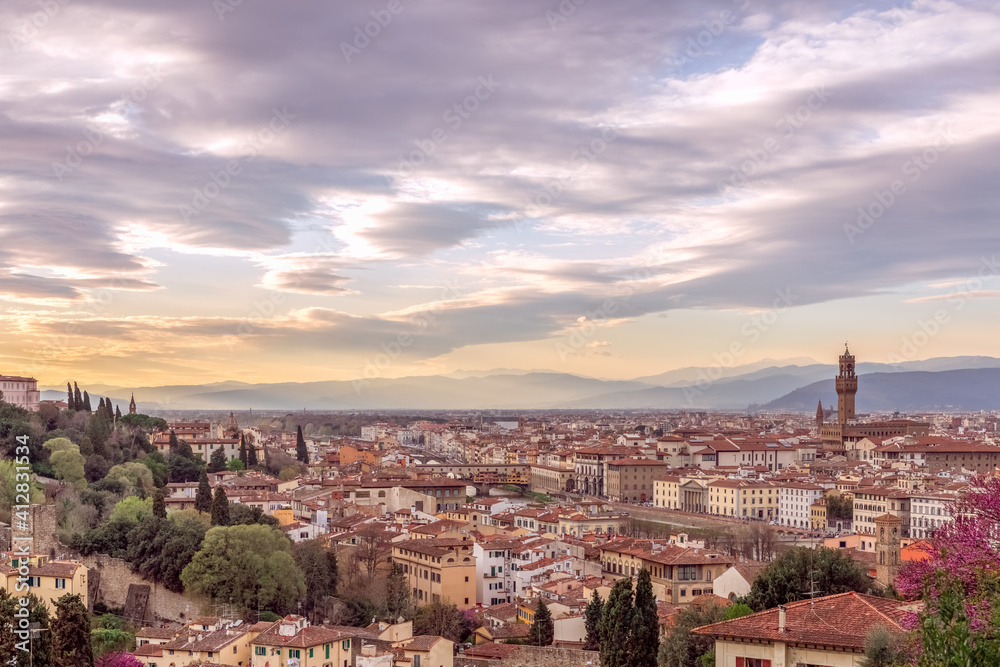 Panoramic view of the historic center of Florence during sunset. Tuscany, Italy