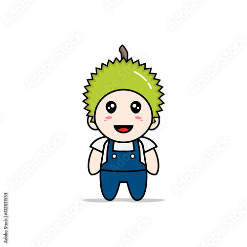 Cute mechanic character wearing durian costume.