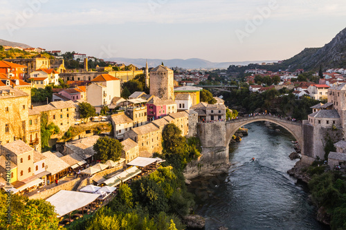 View of the historic Old Bridge in Mostar at sunset. Bosnia and Herzegovina