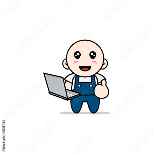 Cute mechanic character holding laptop.