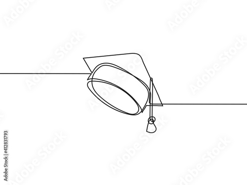 Graduation hat continuous line art style. Graduation cap isolated on white background. Vector illustration