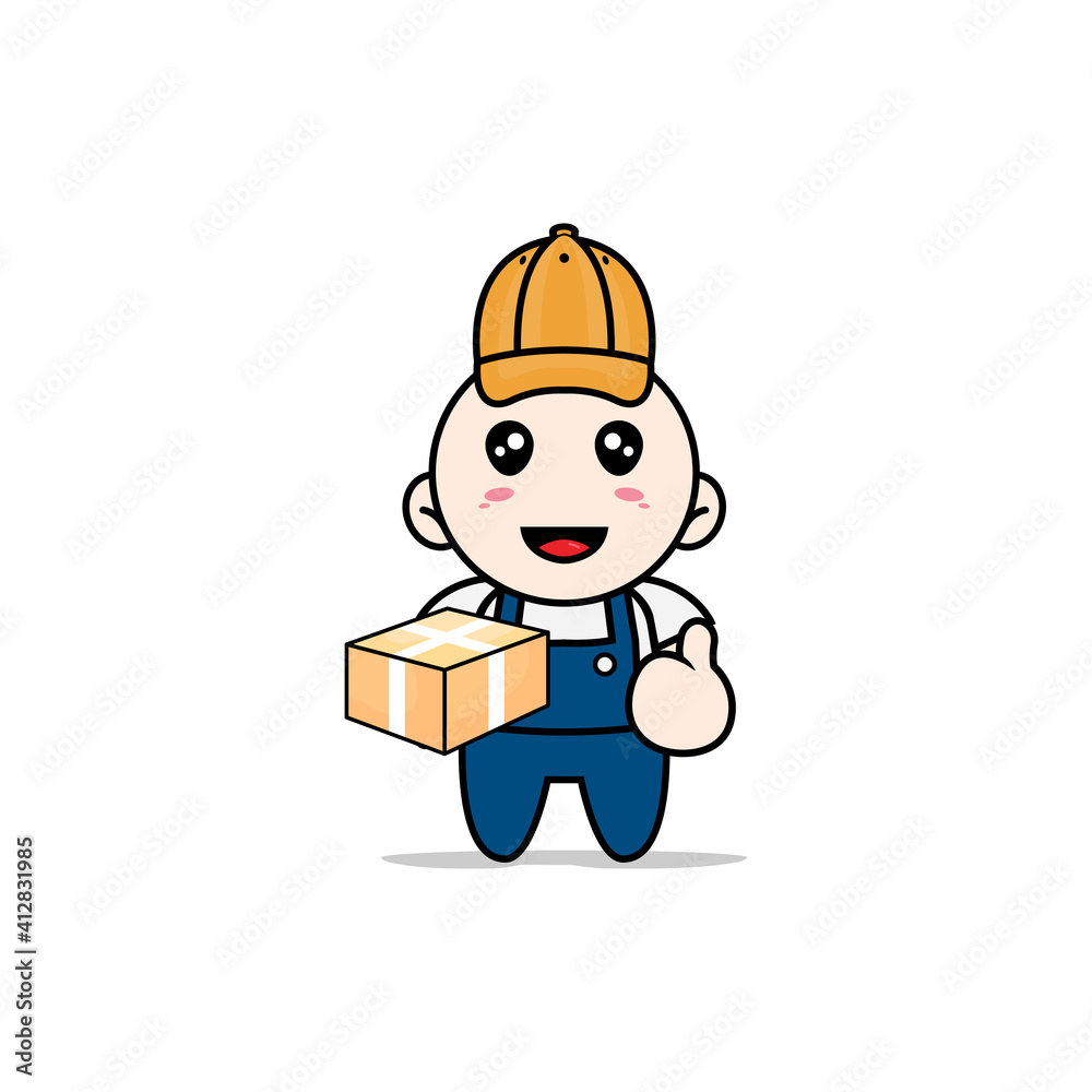 Cute mechanic character wearing delivery boy costume. Cute mechanic character wearing delivery boy costume.