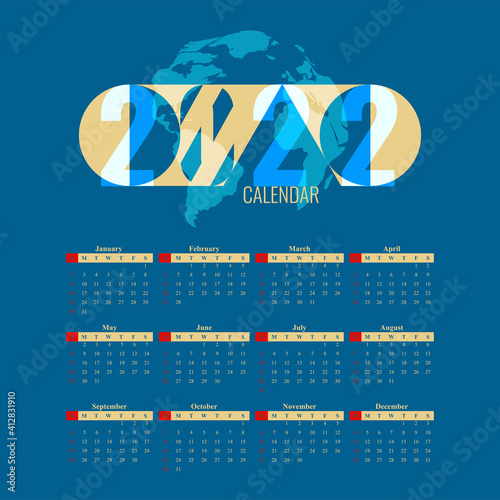 2022 calendar blue page diary desktop. Week Start Sunday. Business day and month planner template. Vector mock up illustration