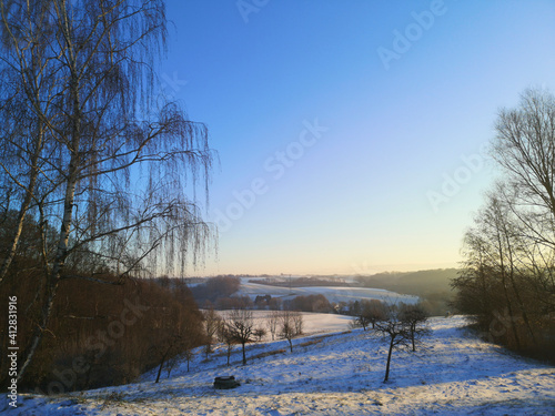 Beautiful sunrise over a snowy landscape near Duesseldorf, Germany