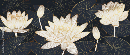 Luxury lotus background vector. Golden lotus line arts design for wall arts, fabric, prints and background texture, Vector illustration.