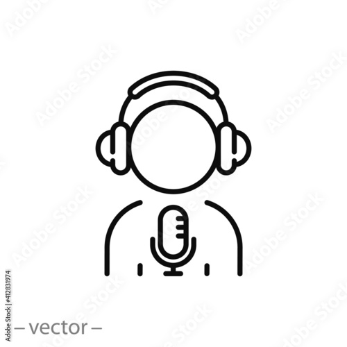 record radio podcast icon, headphones with microphone, audio conversation broadcasting, studio interview, thin line web symbol on white background - editable stroke vector illustration eps10