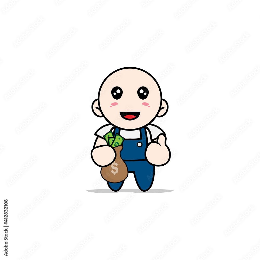 Cute mechanic character holding a bag of money. Cute mechanic character holding a bag of money.