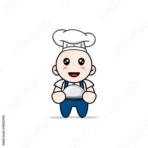 Cute mechanic character wearing chef costume.