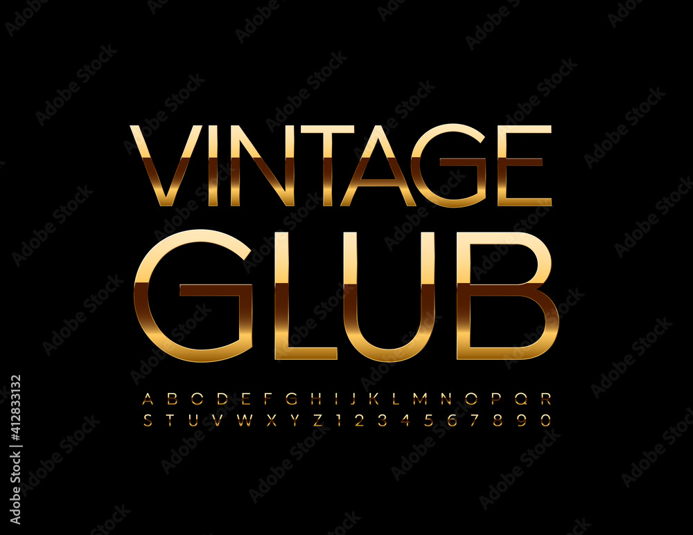 Vector stylish banner Vintage Club. Elegant chic Font. Golden set of Alphabet Letters and Numbers