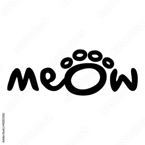 Logotipo con texto manuscrito meow con pisada de gato en color negro