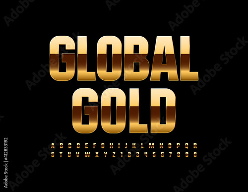 Vector modern sign Global Gold, Shiny luxury Font. Elite Alphabet Letetrs and Numbers set photo