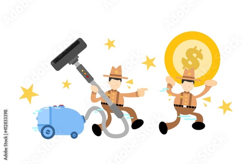 cowboy america and vacuum cleaner clean catch money cartoon doodle flat design style vector illustration