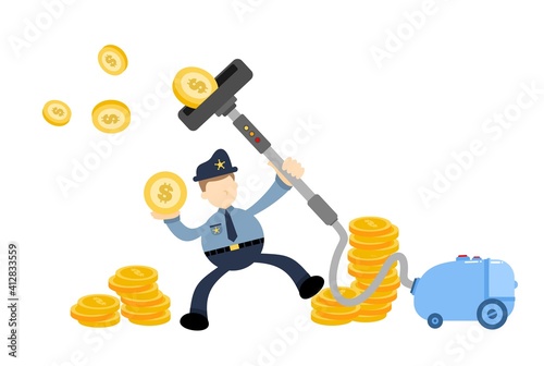 police officer and vacuum cleaner clean catch money cartoon doodle flat design style vector illustration