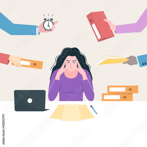 Overworked concept. Stressed young female employee at workplace.