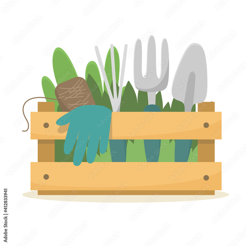 Garden box with tools and seedlings. Vector illustration. Garden box with tools and seedlings. Vector illustration.