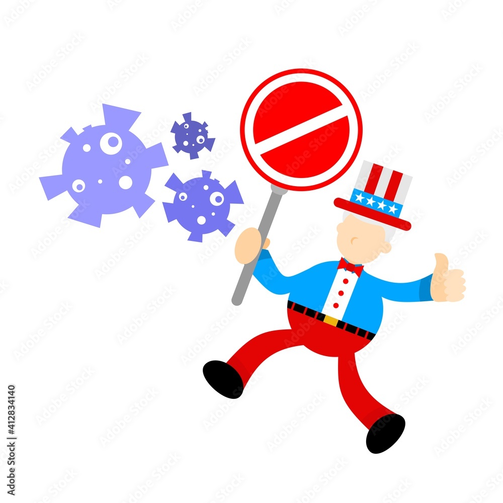 Fototapeta premium uncle sam america stop against corona virus pathogen cartoon doodle flat design style vector illustration