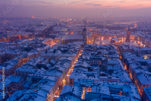 Krakow Poland in winter aerial view