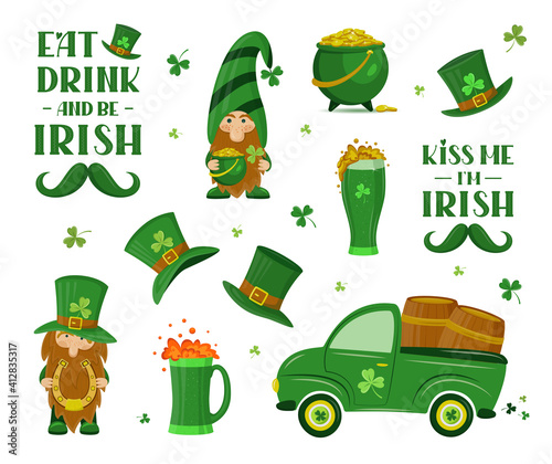 Set of traditional Irish elements and lettering signs for Patrick's day. Isolated vector illustration. For banner, poster, flyer, card, invitation. Symbol of good luck and wealth