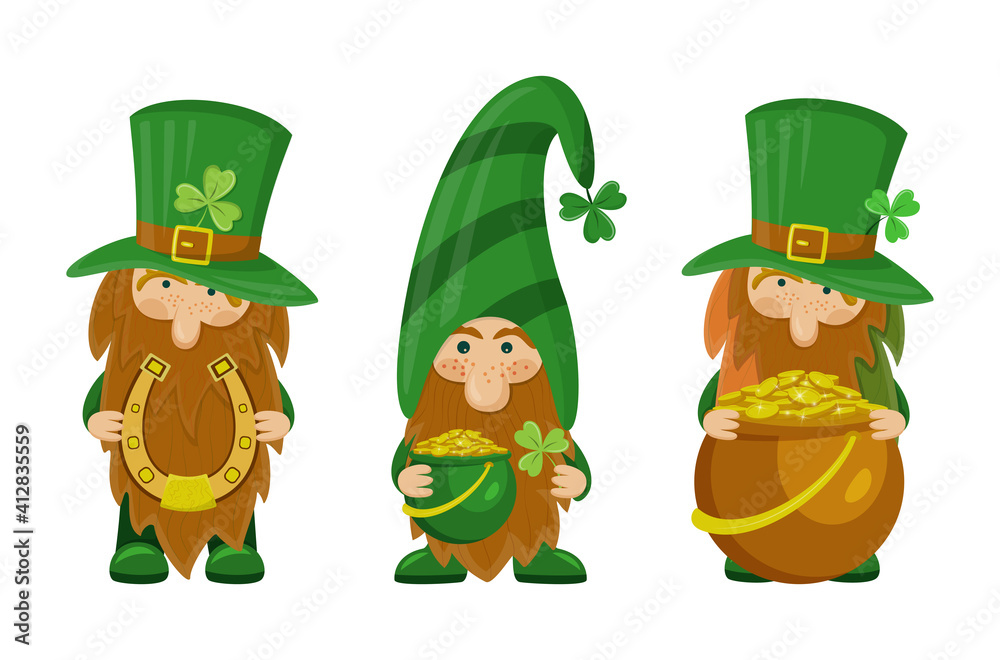 Set of three cute St Patrick's day leprechaun cartoon character with horseshoe and pot of gold. Irish gnome with shamrock on hat for good luck. Vector illustration for cards, decor, t-shirt design Set of three cute St Patrick's day leprechaun cartoon character with horseshoe and pot of gold. Irish gnome with shamrock on hat for good luck. Vector illustration for cards, decor, t-shirt design