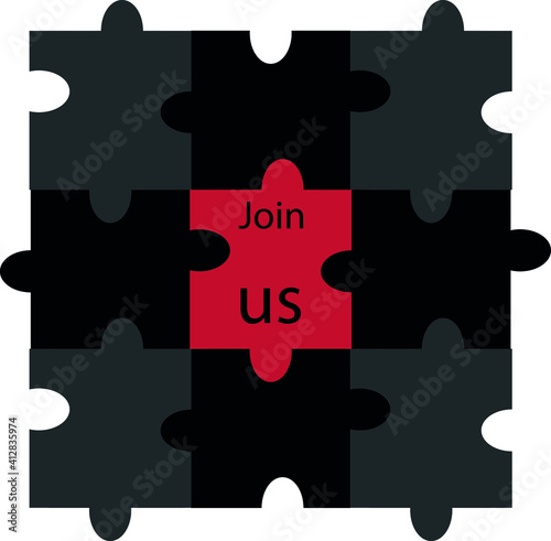 assembled puzzles of black and gray colors and a red puzzle in the center and the inscription "join us"
