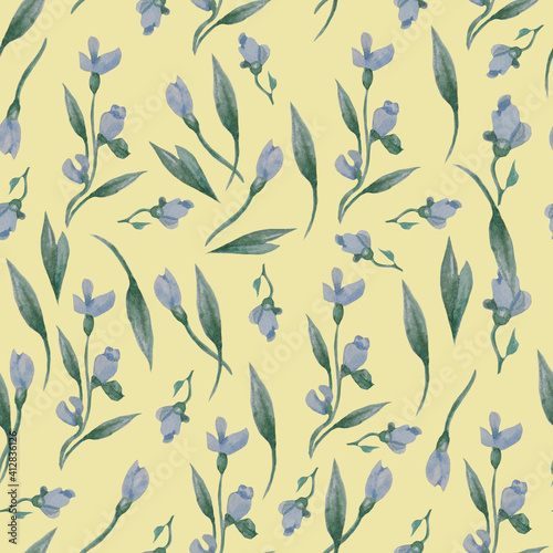 Seamless patterns. Floral pattern from blue flowers, buds and leaves on a yellow background. Watercolor. For festive designs, decor, packaging, textiles and wallpaper, scrapbooking paper