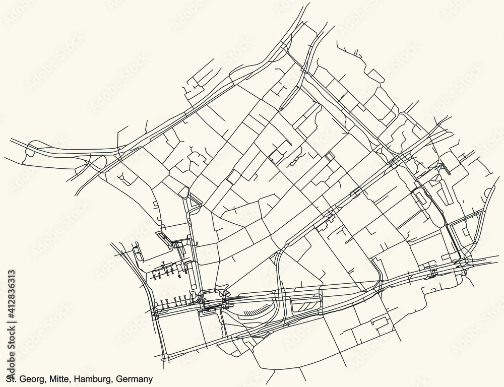 Black simple detailed street roads map on vintage beige background of the neighbourhood St. Georg quarter of the Hamburg-Mitte borough (bezirk) of the Free and Hanseatic City of Hamburg, Germany