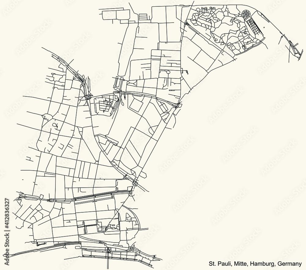 Black simple detailed street roads map on vintage beige background of the neighbourhood St. Pauli quarter of the Hamburg-Mitte borough (bezirk) of the Free and Hanseatic City of Hamburg, Germany