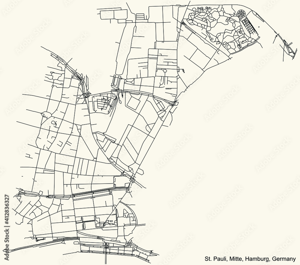 Obraz premium Black simple detailed street roads map on vintage beige background of the neighbourhood St. Pauli quarter of the Hamburg-Mitte borough (bezirk) of the Free and Hanseatic City of Hamburg, Germany