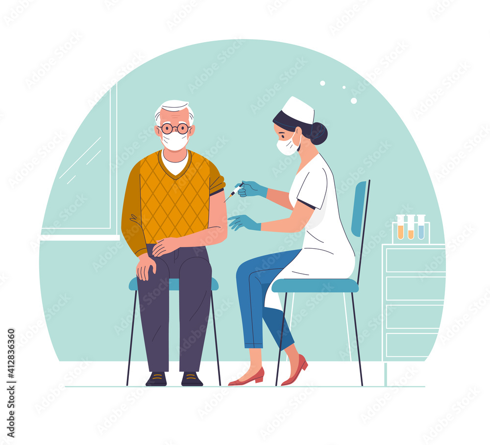 Vaccination of the elderly. Vector modern illustration of a senior man and a doctor with a syringe. Isolated on abstract background Vaccination of the elderly. Vector modern illustration of a senior man and a doctor with a syringe. Isolated on abstract background