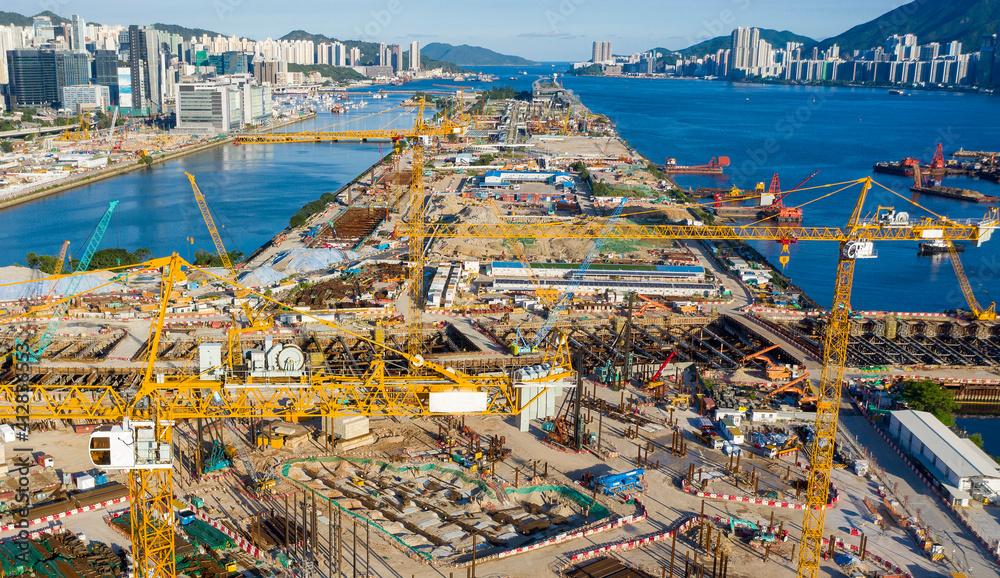 Aerial view of development of Kai Tak Airport,  Kowloon city, Hong Kong