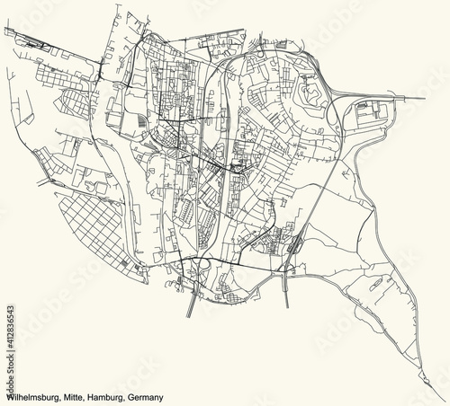 Black simple detailed street roads map on vintage beige background of the neighbourhood Wilhelmsburg quarter of the Hamburg-Mitte borough (bezirk) of the Free and Hanseatic City of Hamburg, Germany