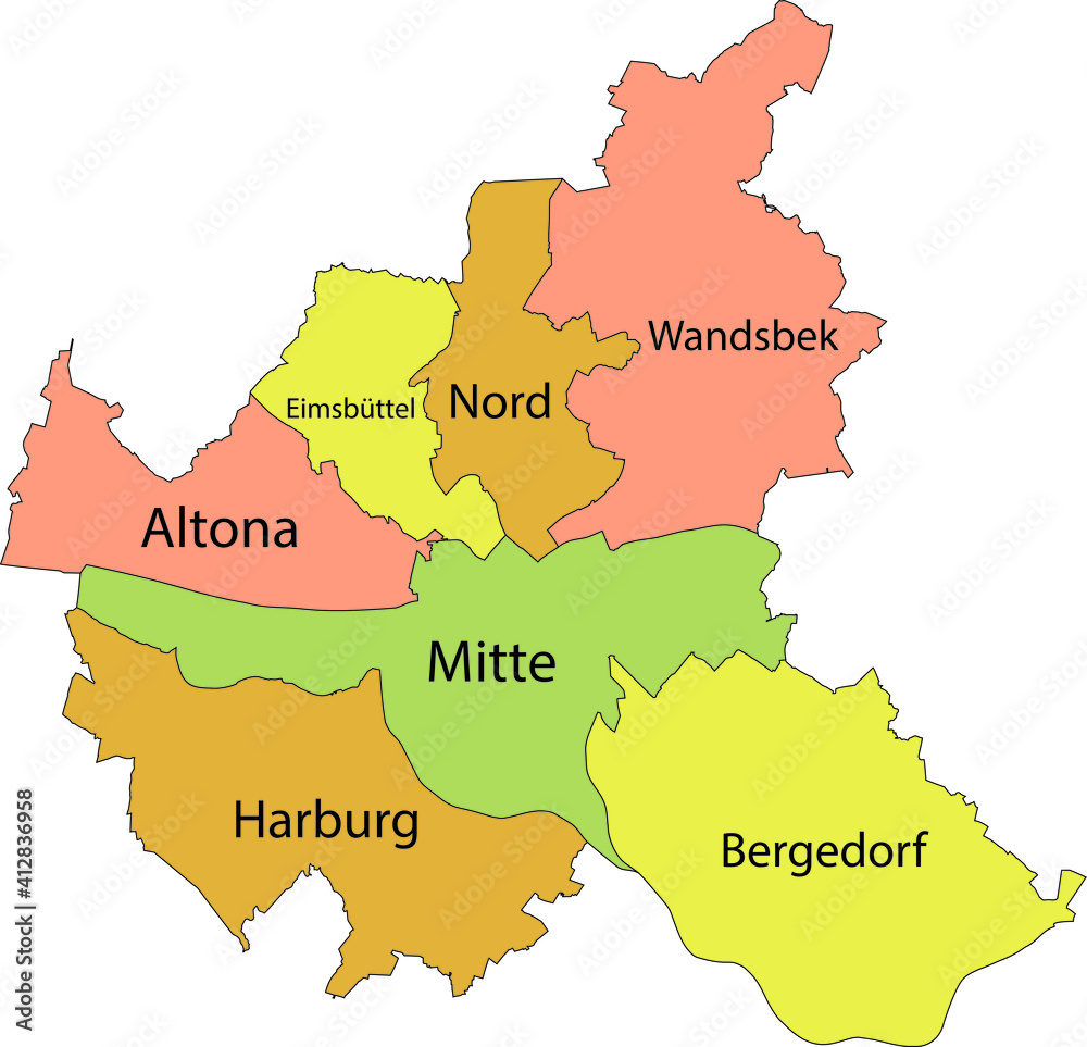 Obraz premium Simple pastel vector map with black borders and names of boroughs (bezirke) of the Free and Hanseatic City of Hamburg, Germany