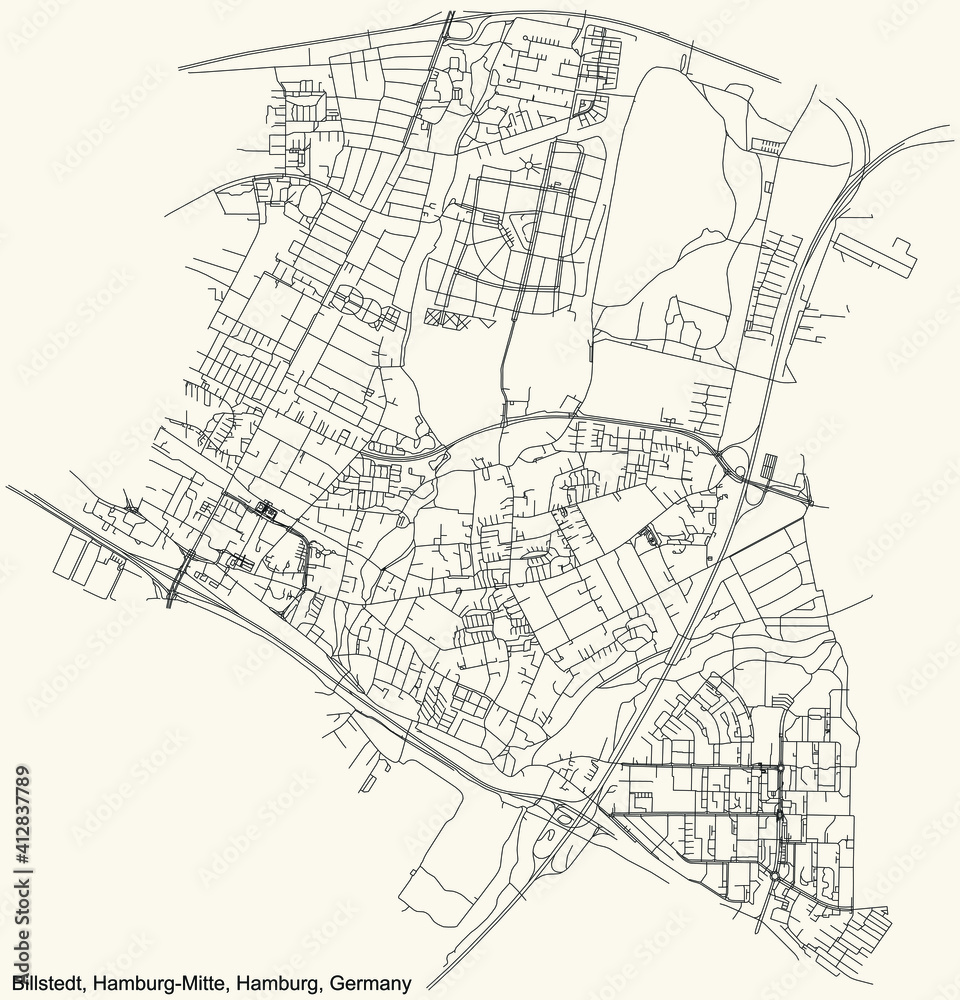 Black simple detailed street roads map on vintage beige background of the neighbourhood Billstedt quarter of the Hamburg-Mitte borough (bezirk) of the Free and Hanseatic City of Hamburg, Germany