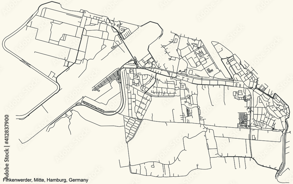 Obraz premium Black simple detailed street roads map on vintage beige background of the neighbourhood Finkenwerder quarter of the Hamburg-Mitte borough (bezirk) of the Free and Hanseatic City of Hamburg, Germany